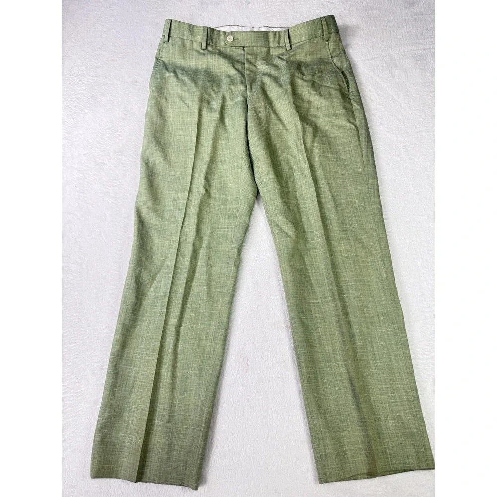 6 East Dress Pants Size 34 Green Modern Fit Wool Silk Linen Made in Italy RARE